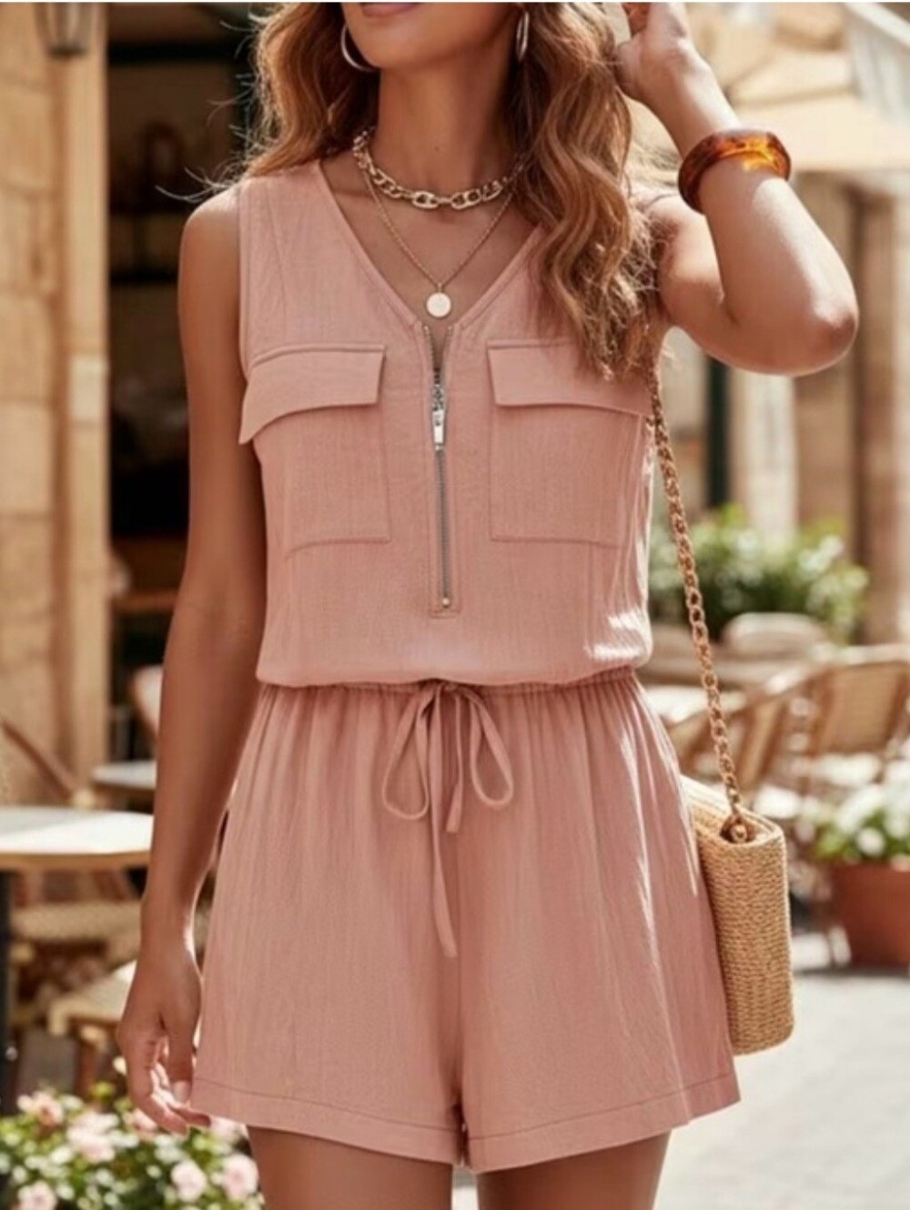 New!!  Amazon Sleeveless Zip Romper in Dusty Pink